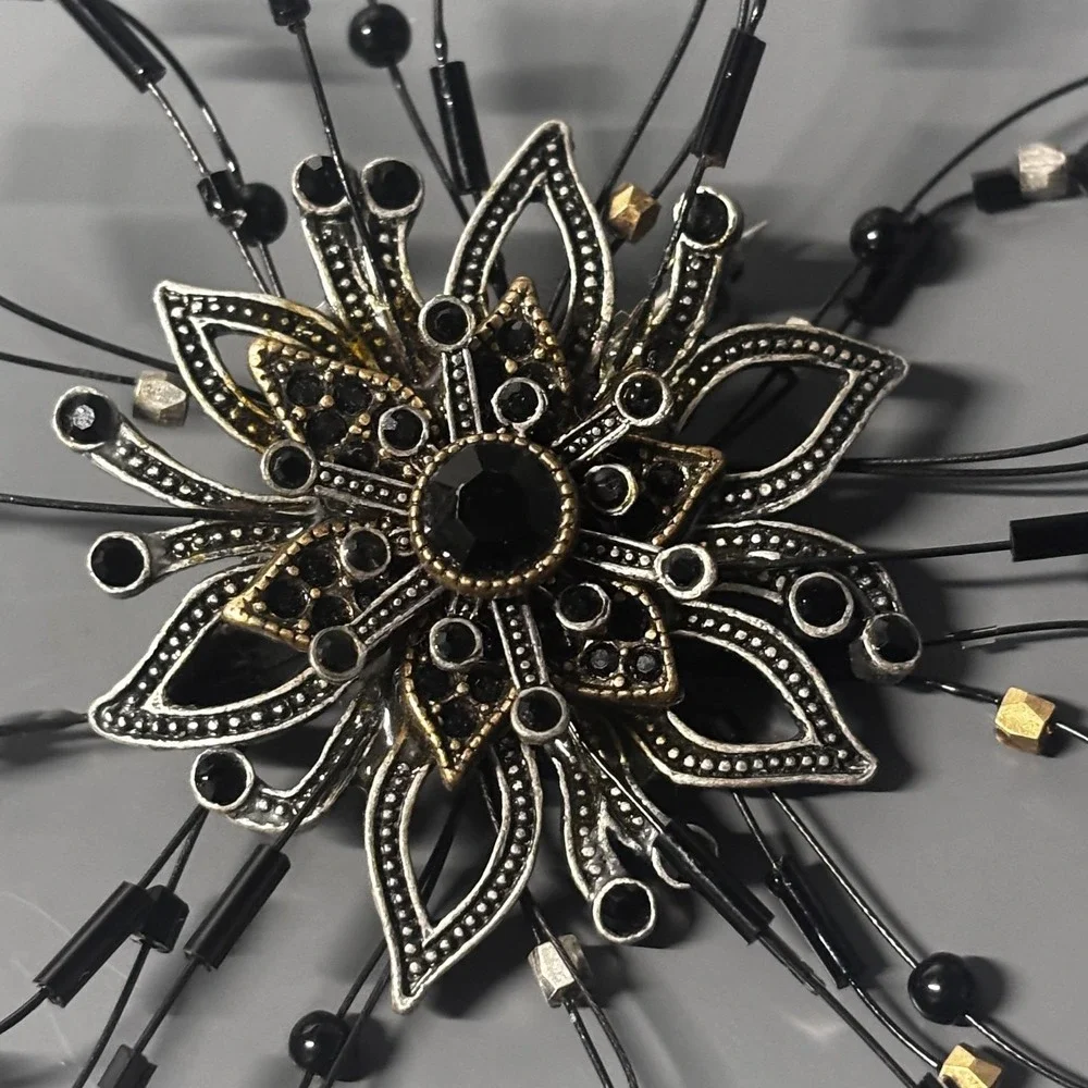 Large Statement Flower Starburst Brooch Pin Black Rhinestone Beaded Silver Tone